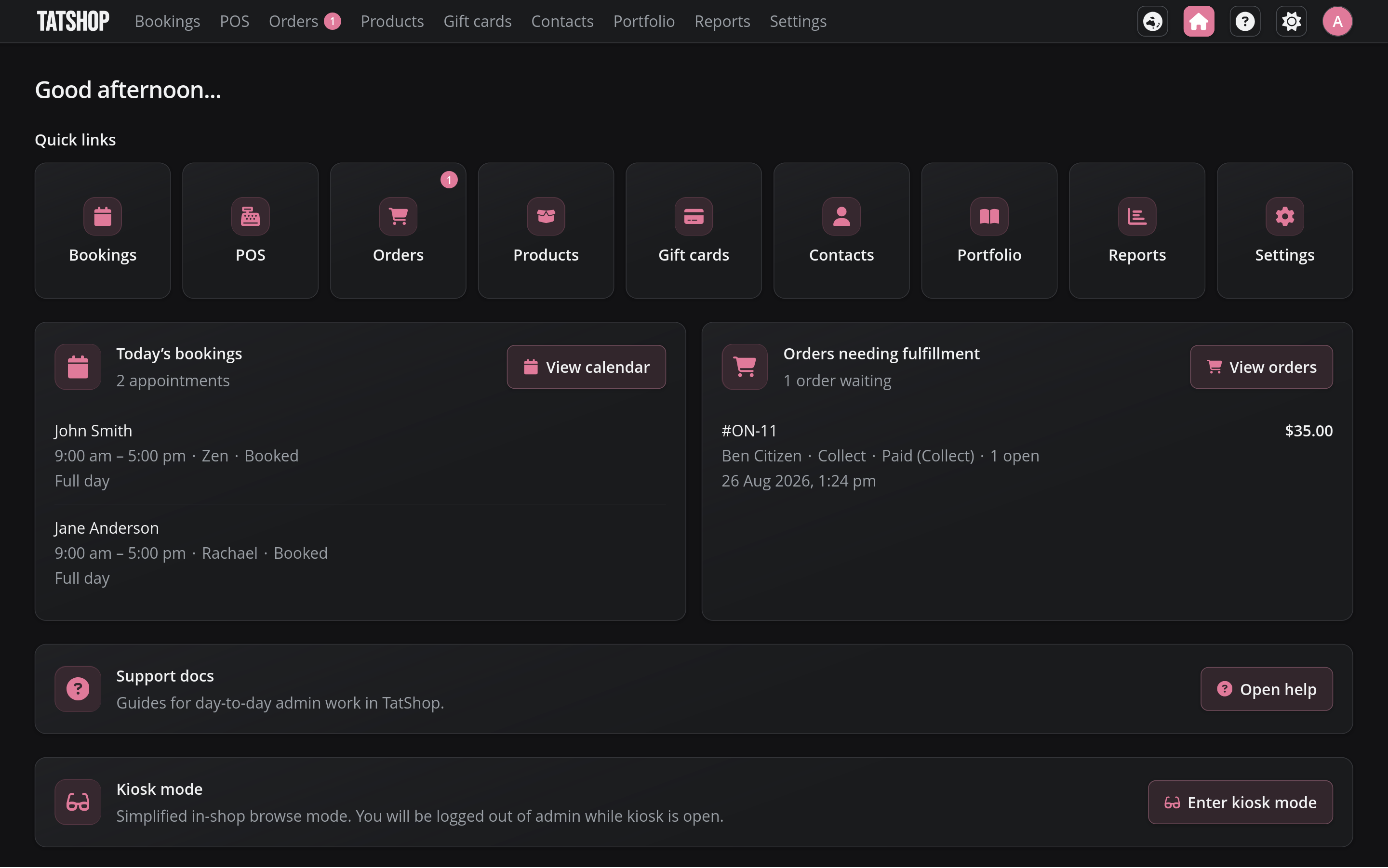 TatShop admin dashboard for bookings, orders, and studio settings